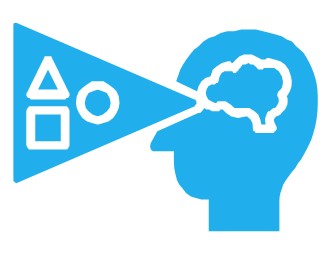 a blue and white picture of a persons head with a triangle which shows they are thinking about a triangle square and circle