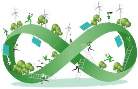a green infinity symbol with trees and windmills and people using ladders to climb on it