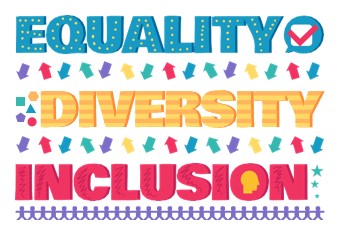 the words equality diversity and inclusion in bright colours