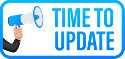 a hand holding a megaphone beside the words time to update