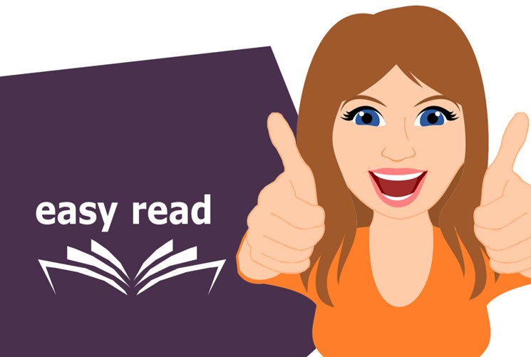 The words easy read over an open book with a smiling girl giving thumbs up using both hands