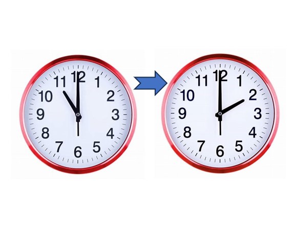 2 clocks beside each other the first one says 11am with an arrow pointing to the second clock which says 2pm